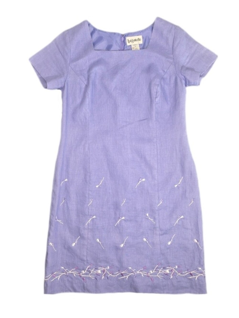 Bagatelle Dress Linen Shift Embroidered Flowers Lavender Petite Size 4P - Picture 2 of 12